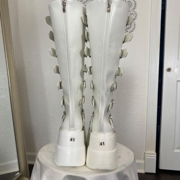 Women's Chunky Silver White Platform Knee High Buckle Boots Size US 10.5 - Picture 3 of 10